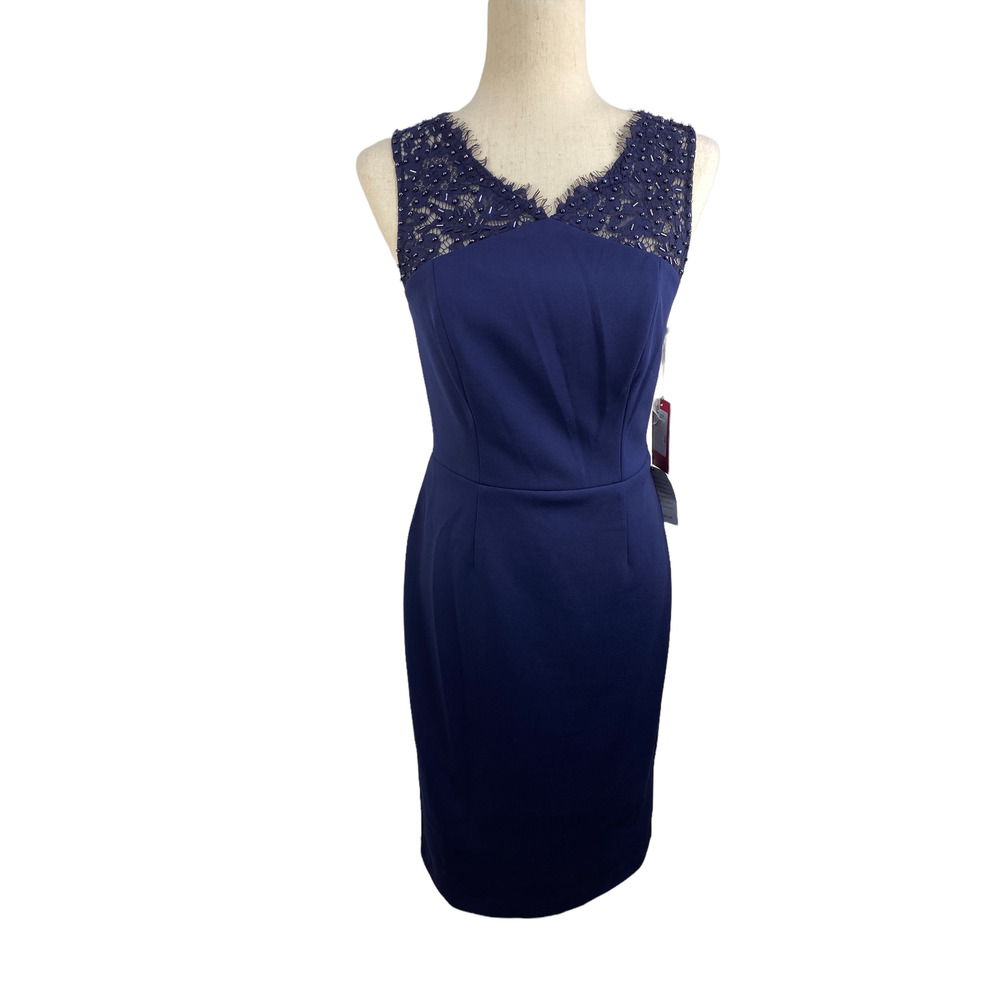 Vince Camuto Navy Sheath Cocktail Dress Lace & Bead Yoke Size 6 NEW